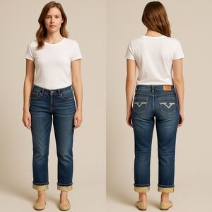 GU’R Jeans Size 29 Medium Wash Straight Leg Cuffed Denim Pants Floral Print Roll